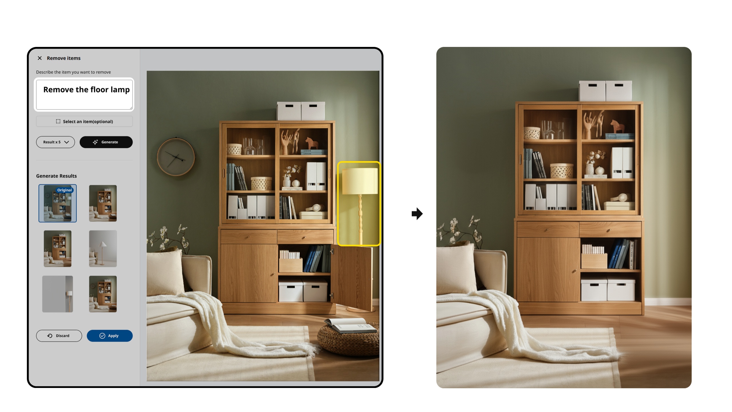 AI scene editing capability — removing objects from lifestyle scenes with natural language instructions