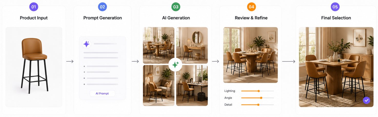 AIGC workflow: Product Input → Prompt → Generation → Review → Final